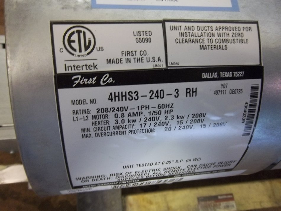 FIRST COMPANY New Central Air Conditioner Commercial Fan Coil - Chilled Water 4HHS3-240-3RH ACC-7080 N2