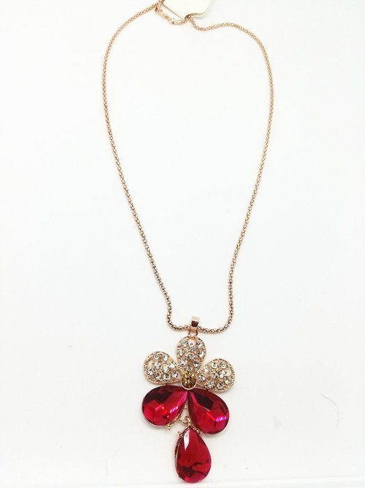 QTMY diamond White and Red crystal flower Statement Choker Long Necklace Chain Jewelry with Pendant for Women...