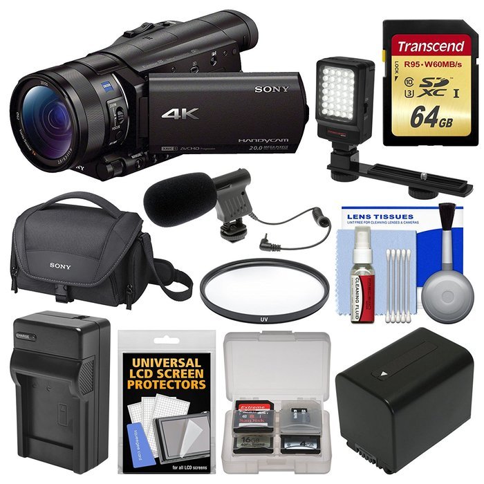 Sony Handycam FDR-AX100 Wi-Fi 4K HD Video Camera Camcorder with 64GB Card + Case + LED Light + Battery & Charger... N4