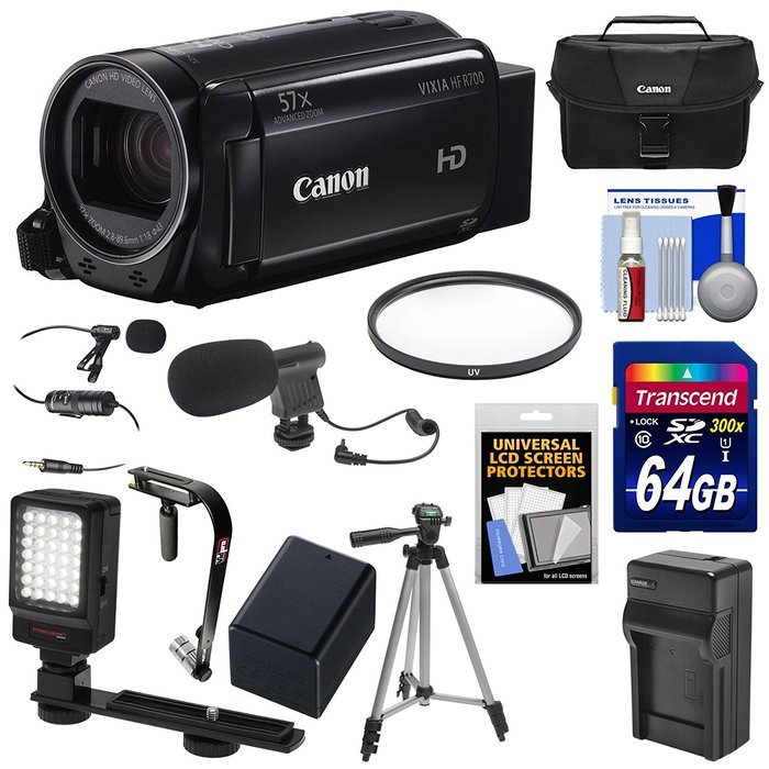 Canon Vixia HF R700 1080p HD Video Camcorder (Black) with 64GB Card + Battery & Charger + Case + Tripod + Stabilizer...