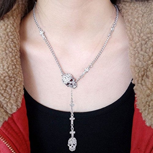 Skull Rhinestone Crystal Chain Necklace Pendant Vintage Silver Halloween Gift N2