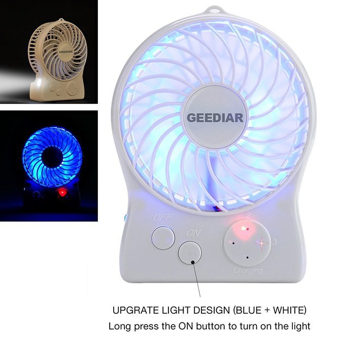 Portable Mini USB Fan GEEDIAR 3 Speed Control Rechargeable Table Desk Fan with LED light White N3