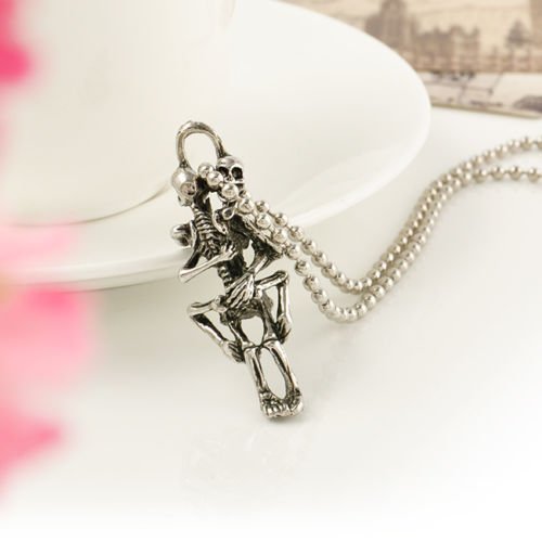 Men Infinity Tibetan Silver Black Stainless Steel Skull Pendant Chain Necklace