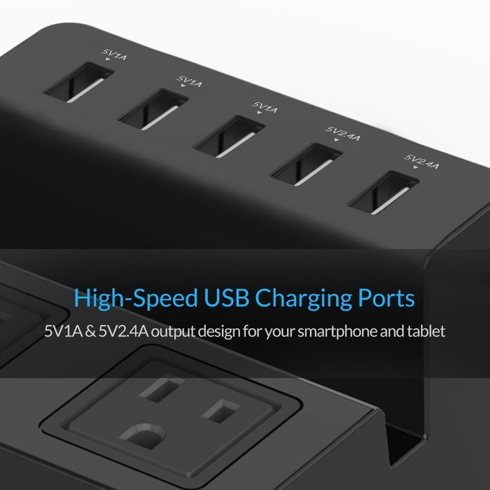 ORICO Charging Stand Surge Protector with 5 USB Ports and 2 AC Outlets Built in 5 Feet Cord Power Strip N6