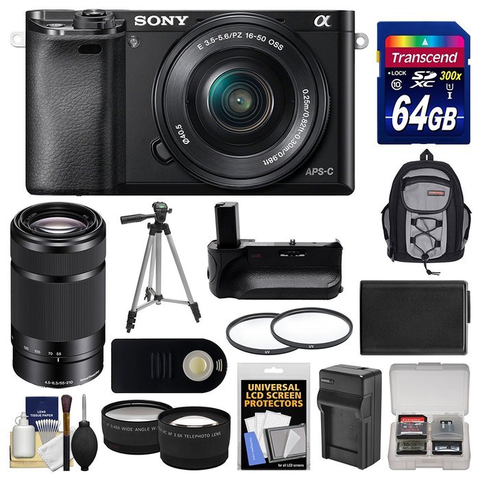 Sony Alpha A6000 Wi-Fi Digital Camera & 16-50mm (White) with 55-210mm Lens + 64GB Card + Case + Battery & Charger... N6