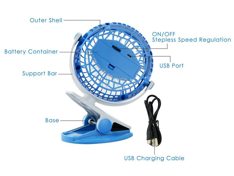 Touchshop Portable Mini Clip Fan Powered by Rechargeable Battery/USB Vertical and Horizontal 360 Degree Rotation...