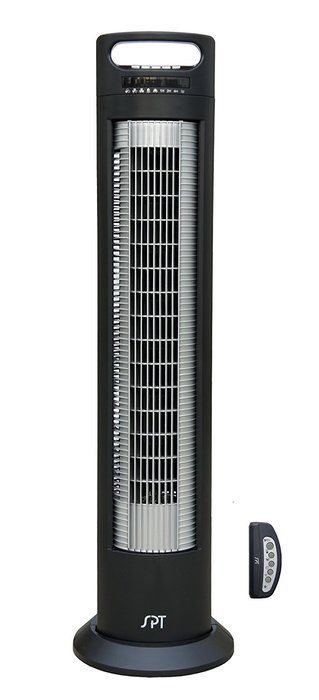 SPT SF-1523 Reclinable Tower Fan with Ionizer, Black and Silver
