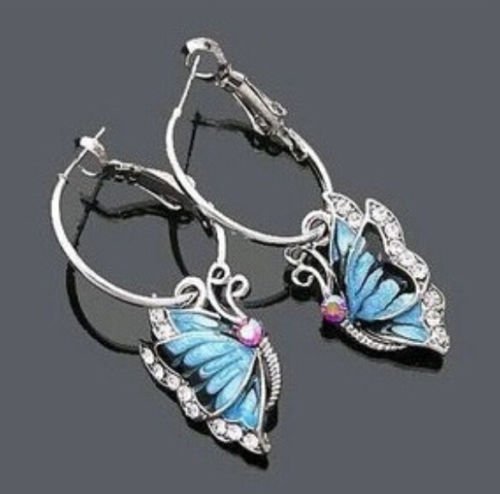 Butterfly Dangle Blue Crystal Rhinestone Enamel Hoop Earrings GIFT WOMEN 1Pair