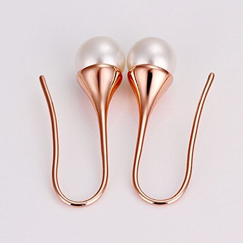 Women Simple 18K Rose Gold Filled Charm Pearl Dangle Drop Evening Prom Earrings