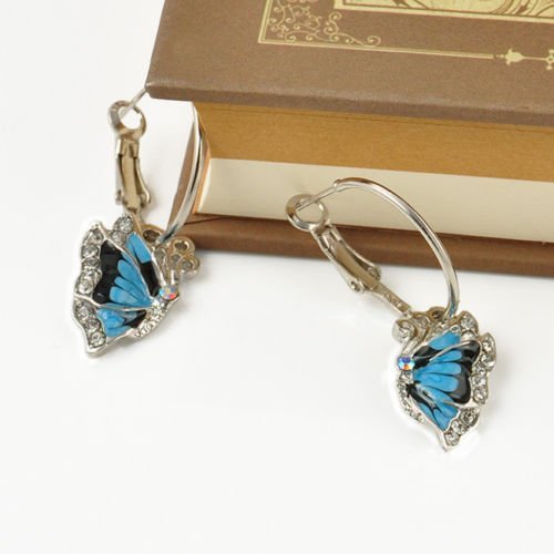 Butterfly Dangle Blue Crystal Rhinestone Enamel Hoop Earrings GIFT WOMEN 1Pair N2
