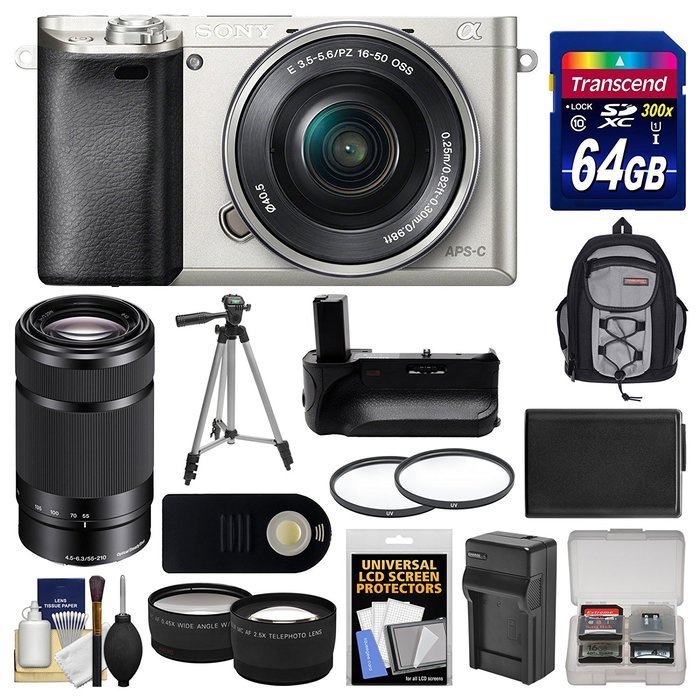 Sony Alpha A6000 Wi-Fi Digital Camera & 16-50mm (White) with 55-210mm Lens + 64GB Card + Case + Battery & Charger... N7