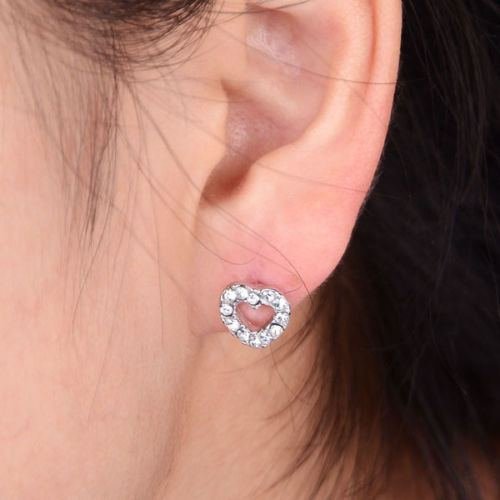 1 Pair Elegant Women Lady Heart Crystal Rhinestone Silver Ear Stud Earrings New