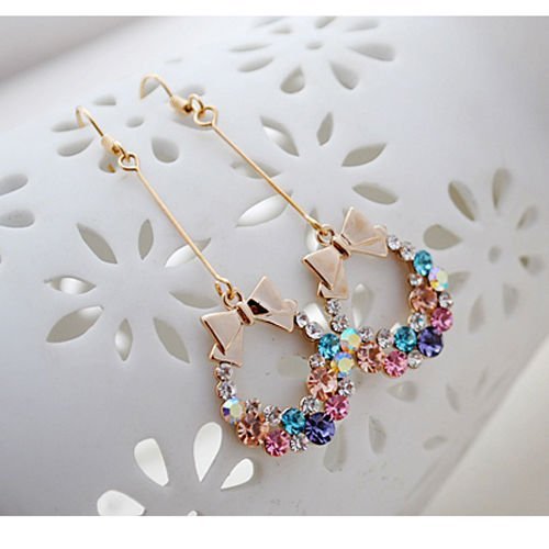 gold plated Colorful Rhinestone Crystal Bead Bowknot Dangle Hook Bow Earring New
