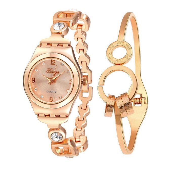 AutumnFall Women's Swarovski Crystal Accented Gold-Tone and Black Bangle Watch with Bracelet Set (609GB) N5