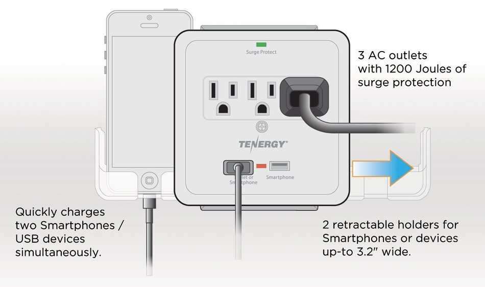 Tenergy 3 AC Outlet Wall Mount 1200 Joules Surge Protector w/ 2.4A Dual USB Charging Port & Retractable Phone... N9