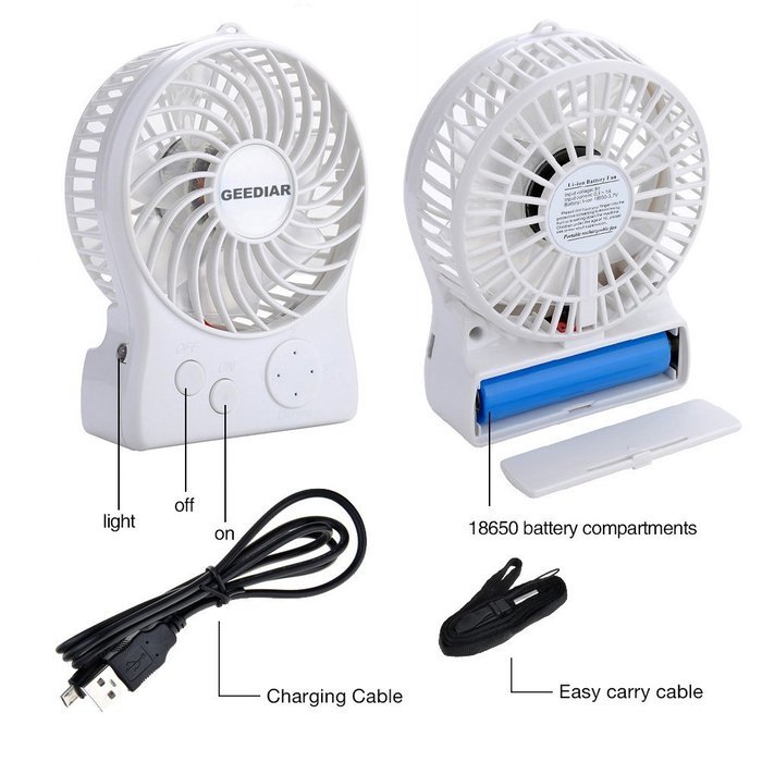 Portable Mini USB Fan GEEDIAR 3 Speed Control Rechargeable Table Desk Fan with LED light White N10