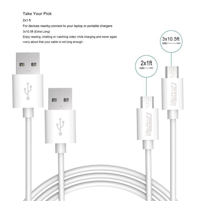 Maxcury&reg; [5-Pack] Premium High Speed Micro USB Cables Extral Short [1ft 0.3m] Extra Long [10.5ft 3.2m] Sync and... N2