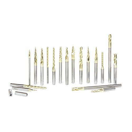 Amana Tool AMS-143 18-Pc CNC 2D and 3D Carving Ball Nose & Flat Bottom ZrN Coated Solid Carbide Router Bit Collection...