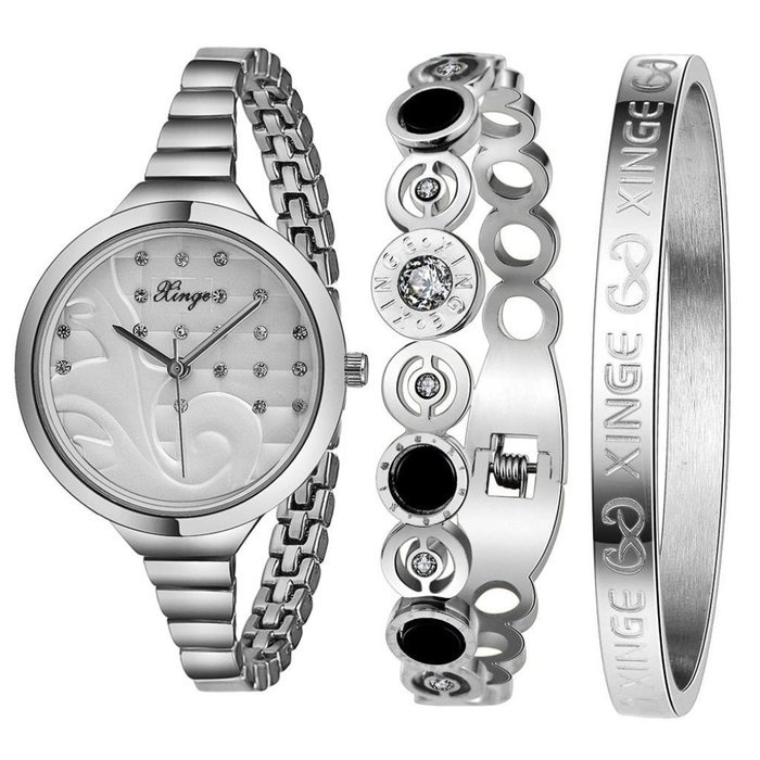 AutumnFall Women's Swarovski Crystal Accented Gold-Tone and Black Bangle Watch with Bracelet Set (609GB) N17