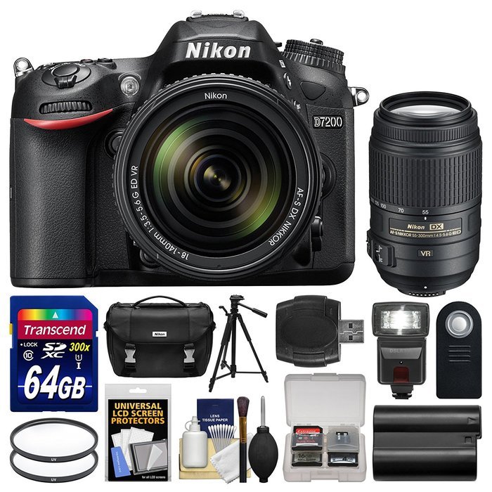 Nikon D7200 Wi-Fi Digital SLR Camera & 18-140mm VR DX & 70-300mm VR Lens with 64GB Card + Case + Flash + Battery... N2