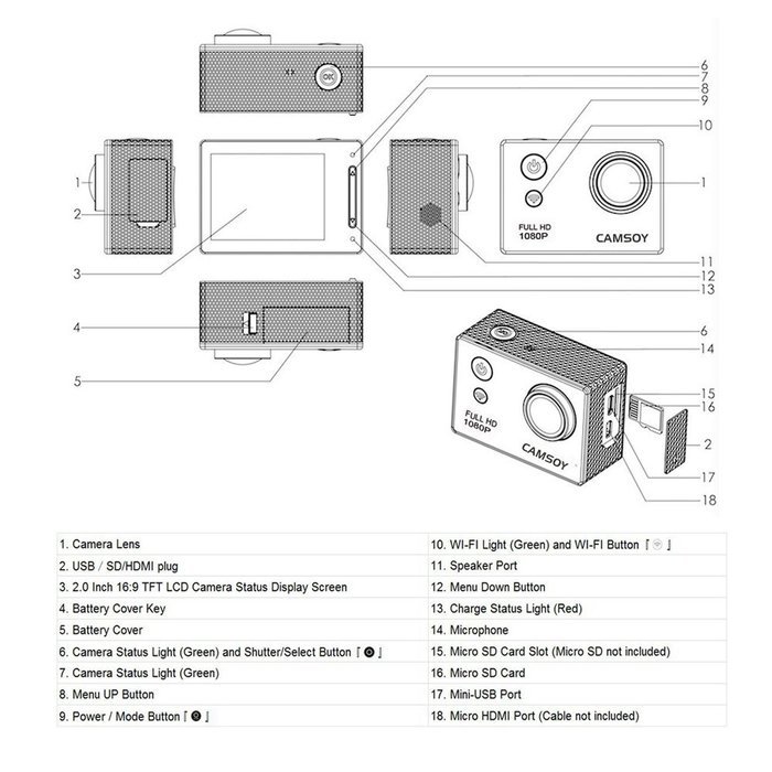 Camsoy F1 Action Camera Wifi Control 2.0inch Color Screen 130mins Recording Time Waterproof Sport Camera N2