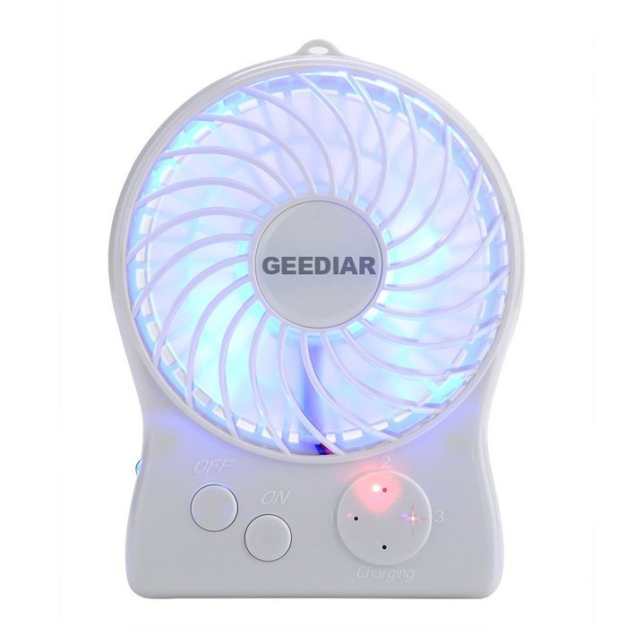 Portable Mini USB Fan GEEDIAR 3 Speed Control Rechargeable Table Desk Fan with LED light White N13