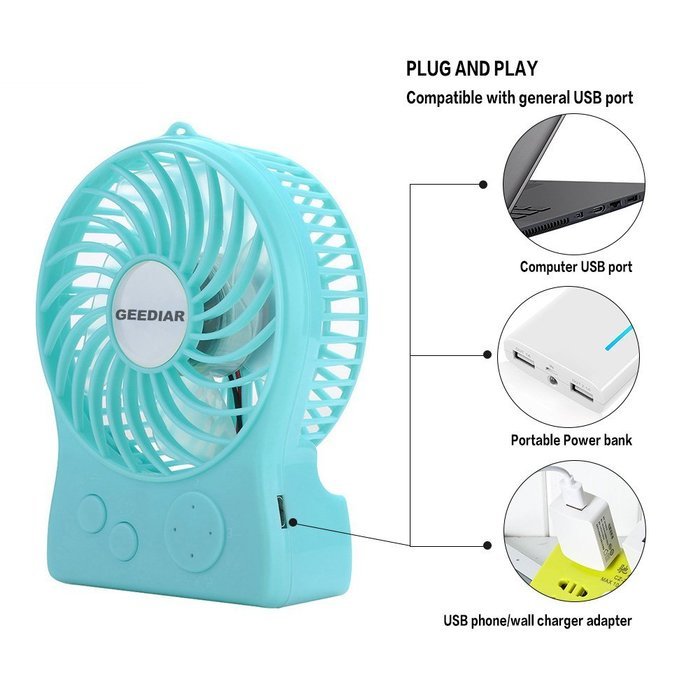 Portable Mini USB Fan GEEDIAR 3 Speed Control Rechargeable Table Desk Fan with LED light White N15