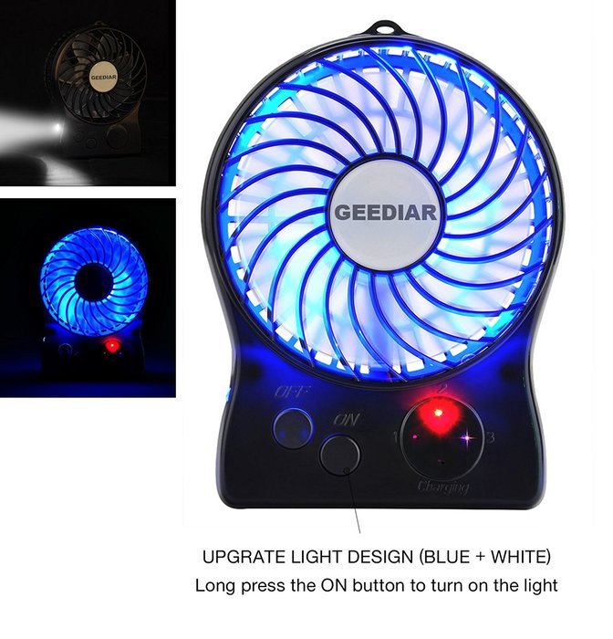Portable Mini USB Fan GEEDIAR 3 Speed Control Rechargeable Table Desk Fan with LED light White N18