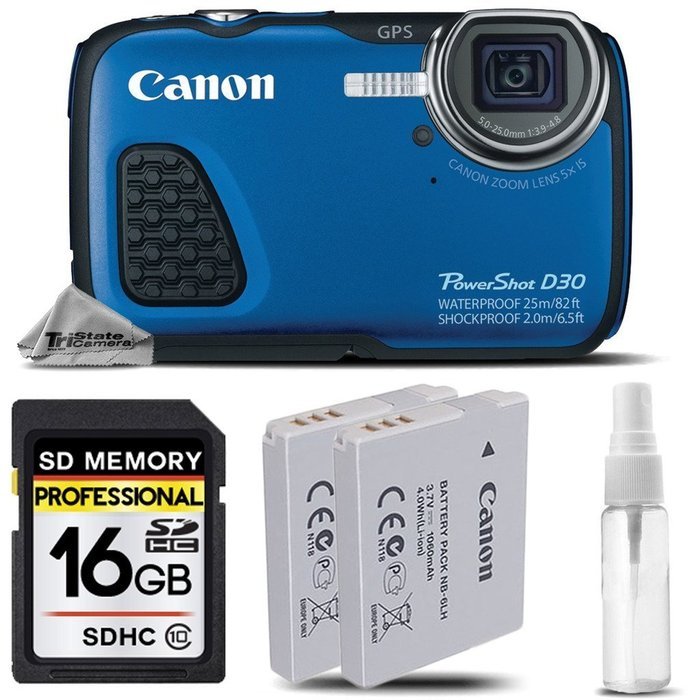 Canon PowerShot D30 Waterproof Digital Camera Blue + 16GB Class 10 Memory Card + Backup Battery + Deluxe Cleaning... N5