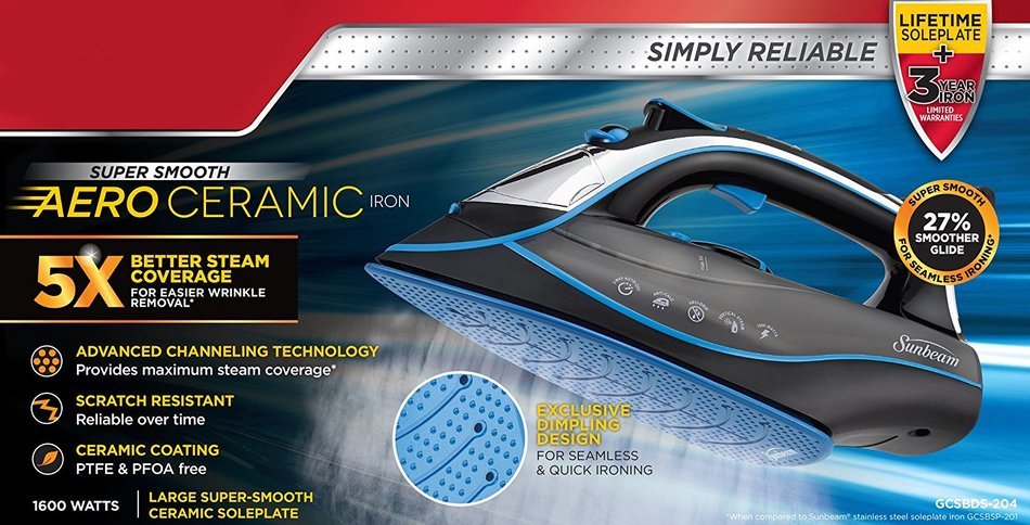 Sunbeam AERO Ceramic Soleplate Iron with Dimpling and Channeling Technology, 1600W