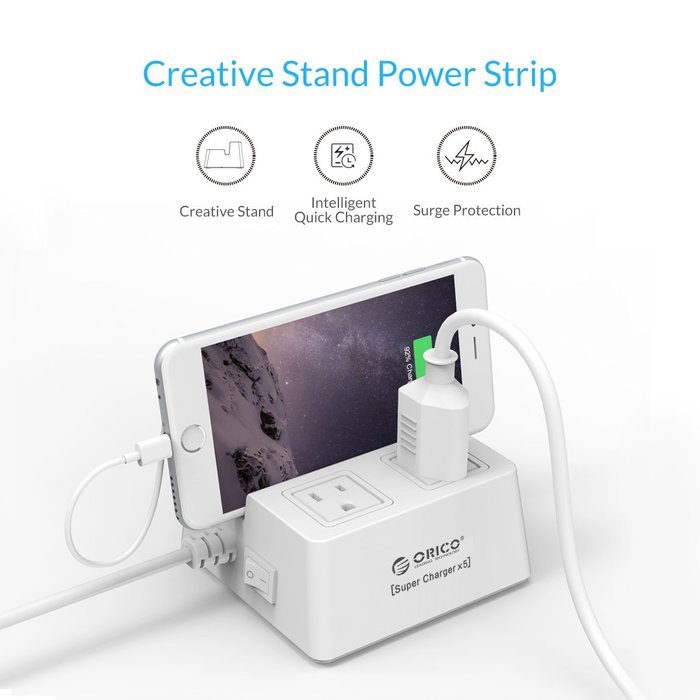 ORICO Charging Stand Surge Protector with 5 USB Ports and 2 AC Outlets Built in 5 Feet Cord Power Strip N13