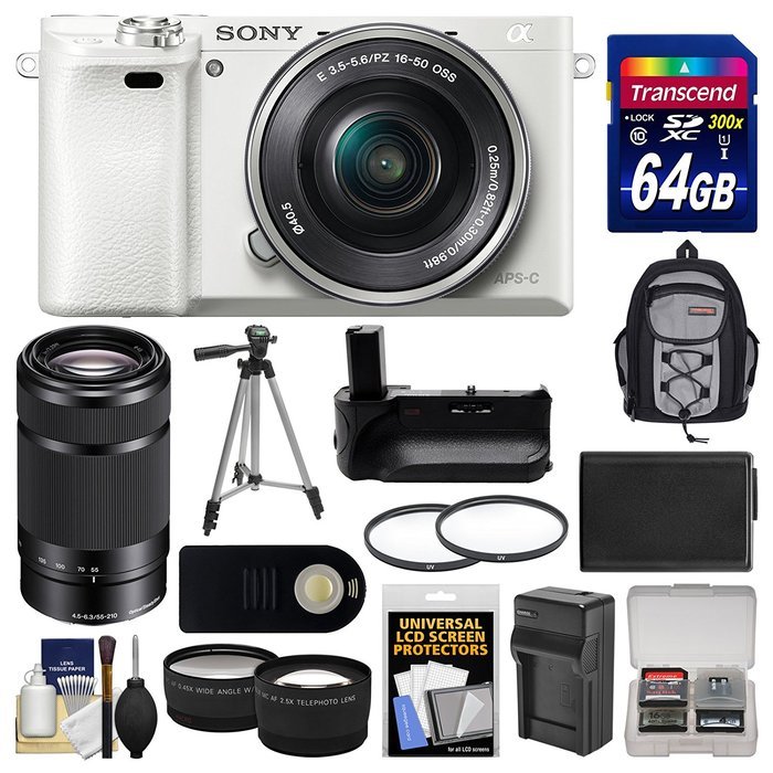 Sony Alpha A6000 Wi-Fi Digital Camera & 16-50mm (White) with 55-210mm Lens + 64GB Card + Case + Battery & Charger... N9