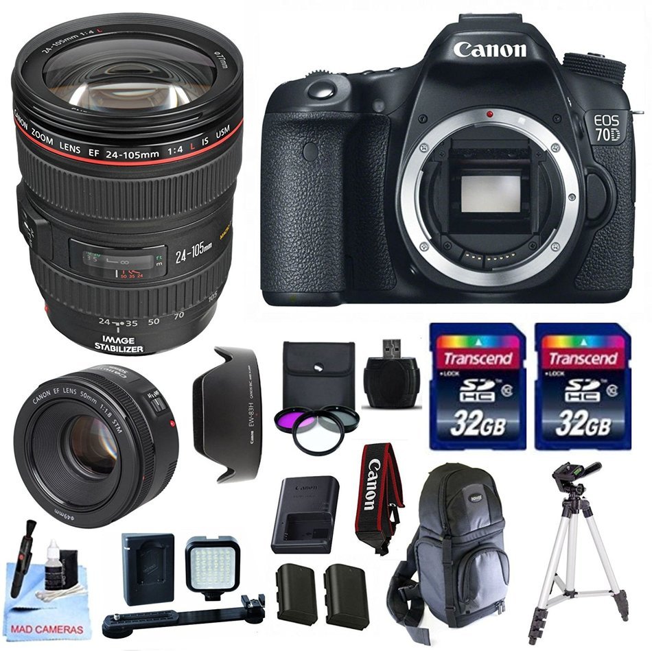Canon 70D + Canon EF 24-105 f/4 L IS USM (Glass Element) + 50mm 1.8 STM + 2 32GB Transcend SD Cards + LED Video...