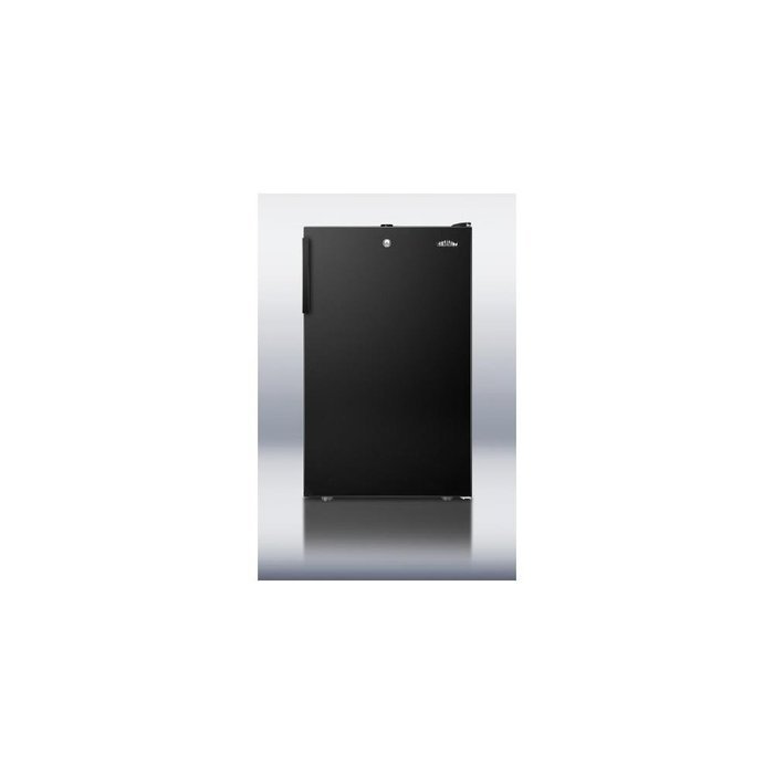 Summit CM421BL7: Commercially listed 20" wide counter height refrigerator-freezer with a lock and black exterior N3