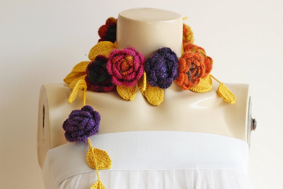 Mustard Rose Scarf-Autumn Mustard Necklace -Lariat Necklace Scarf-Crochet Scarf-Mustard Autumn Scarf