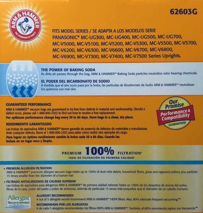Arm & Hammer Odor Eliminating Vacuum Bags Panasonic U, U3 & U6 N2
