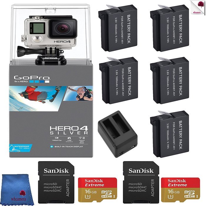 Gopro Hero 4 Silver 8 Piece Charged Up Bundle Includes: Go Pro Hero4 Silver + 5 Batteries + Charger + 2 16GB Memory...