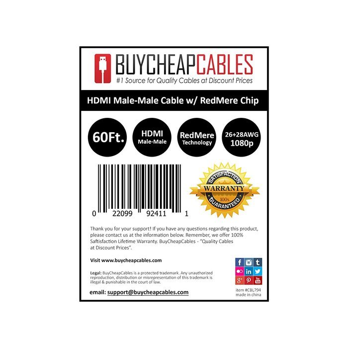 BuyCheapCables&reg; RedMere HDMI Cable 60Ft - Ultra Thin High Performance HDMI Cable with RedMere Technology N8