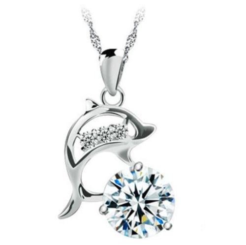 Jumping Dolphins Silver Rhinestone Creative Charm Necklace Pendant Love Souvenir N3