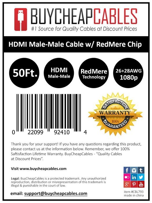 BuyCheapCables&reg; RedMere HDMI Cable 60Ft - Ultra Thin High Performance HDMI Cable with RedMere Technology N13
