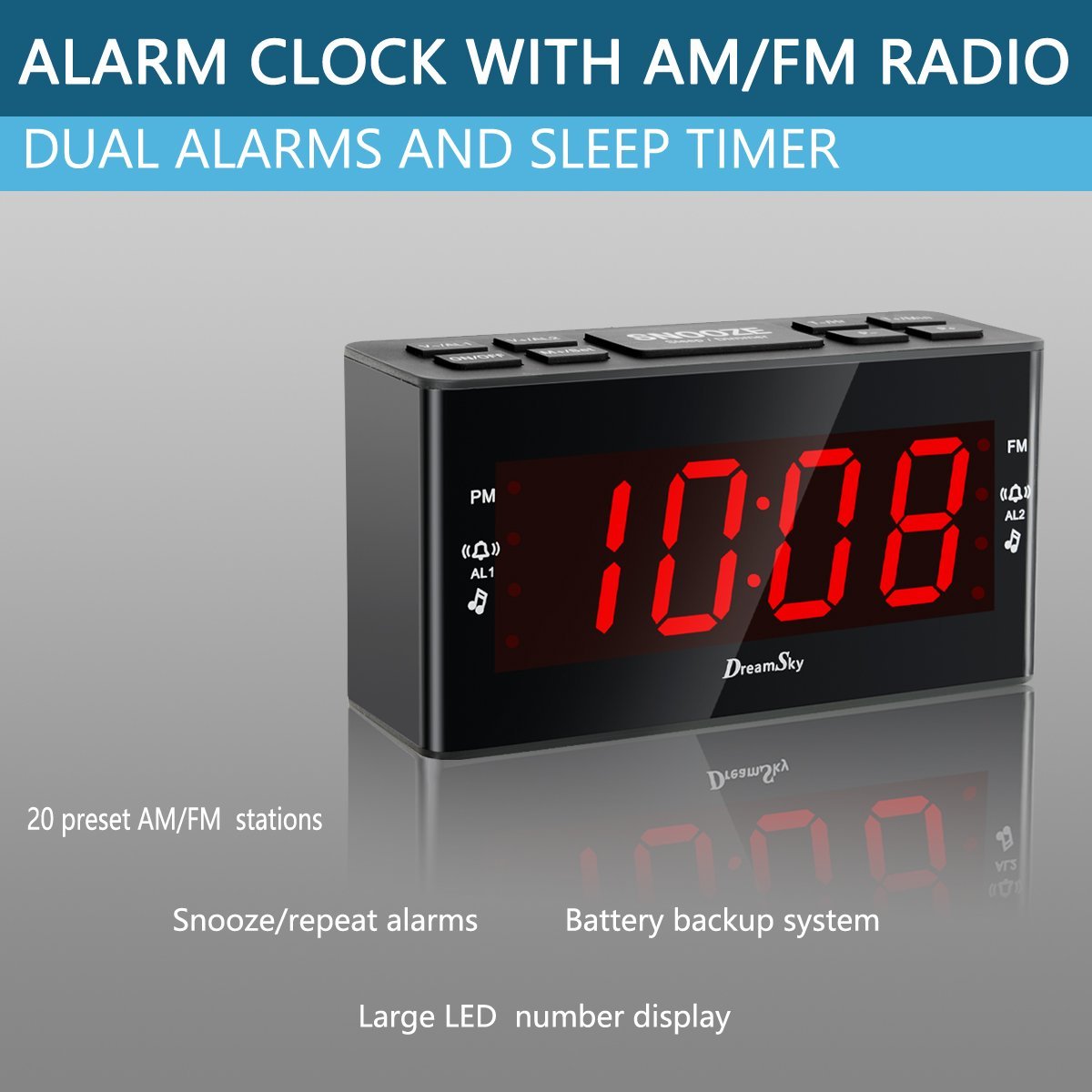 DreamSky Alarm Clock Radio With FM Radio Dual Alarms And Sleep Timer