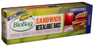 BIOBAG SANDWICH BAGS,RESEAL,COMP, 25 CT