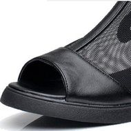 Spritech(TM) Women Girl Summer Net Yarn Stripe PU Leather Open Toe Platform Peep Toe Bootie Flat Shoes Black 39 N18