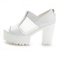 Spritech(TM) Women Girl Summer Net Yarn Stripe PU Leather Open Toe Platform Peep Toe Bootie Flat Shoes Black 39 N21