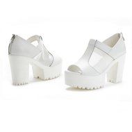 Spritech(TM) Women Girl Summer Net Yarn Stripe PU Leather Open Toe Platform Peep Toe Bootie Flat Shoes Black 39 N22