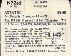 Astatic N72sd 0.7 Mil Diamond - 3 Mil Sapphire Phonograph Stylus