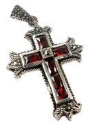 Red Garnet Quartz Crucifix Pendant Sterling Silver 925 Marcasite Cross Jerusalem N2
