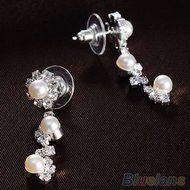 Bride's Faux Pearl Clear Austrian Choker Necklace Earrings Jewelry Set Glitzy N2