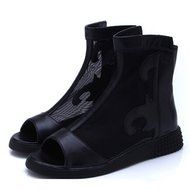 Spritech(TM) Women Girl Summer Net Yarn Stripe PU Leather Open Toe Platform Peep Toe Bootie Flat Shoes Black 39 N33