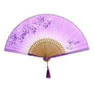 Linen Butterfly Flowers Hand Fan Lacquer Handle Folding Fan Purple